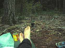 Füße auf einer Isomatte auf einer Lichtung im Wald. Daneben steht eine Dose Ravioli und eine Outdoor-Kunststoff Verpackung. Im Hintergrund sieht man Bäume, welche einen dunklen Wald bilden.